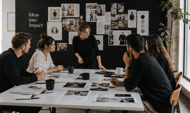 Creative director leading a collaborative concept review in a contemporary studio