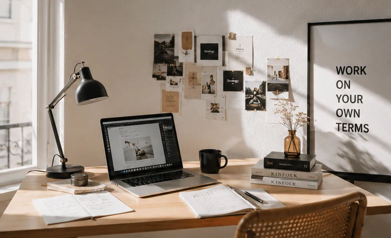 Warm independent designer workspace with laptop, project notes and visual moodboard