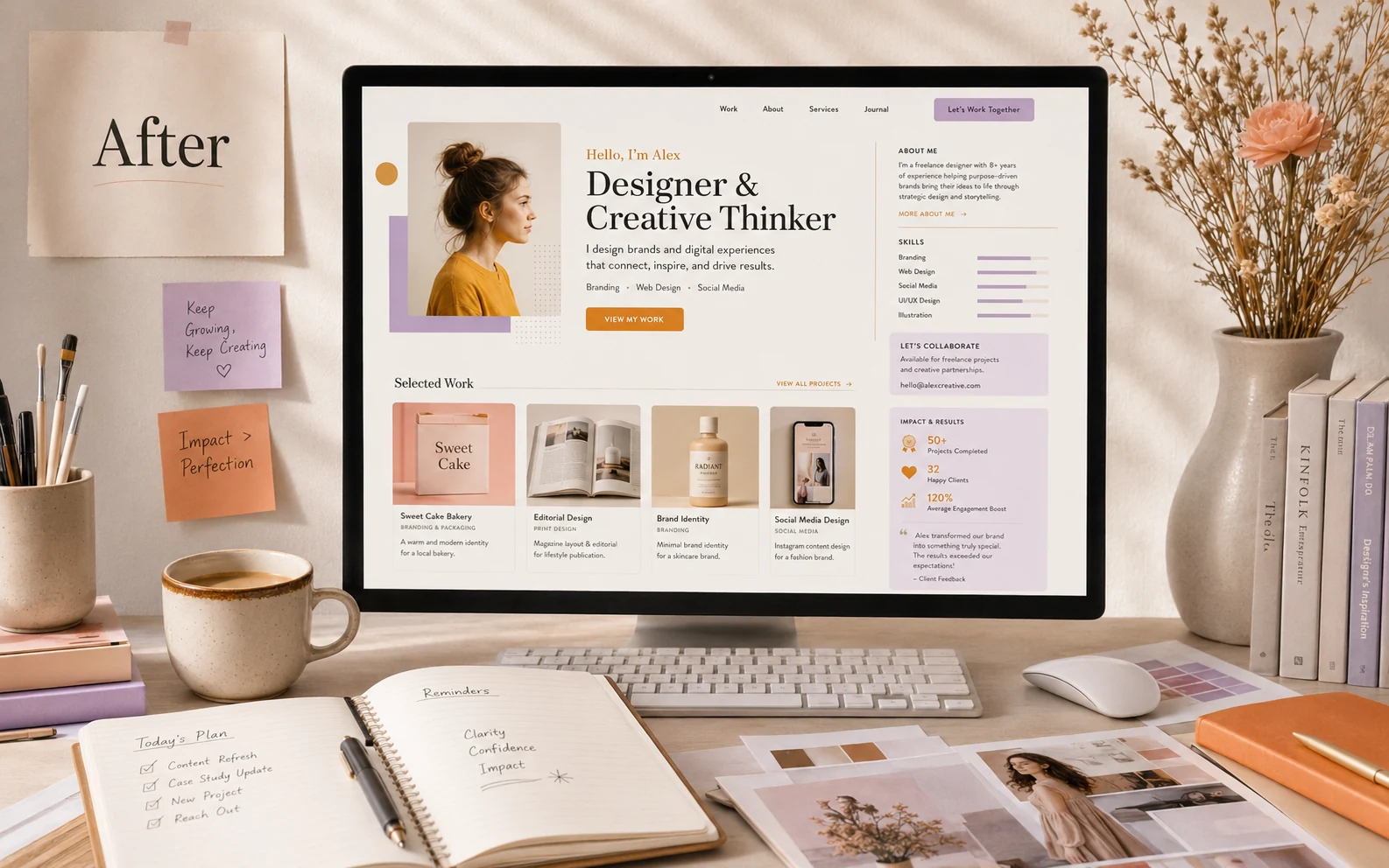 Refined creative portfolio displayed on a warm editorial workspace after a professional portfolio redesign