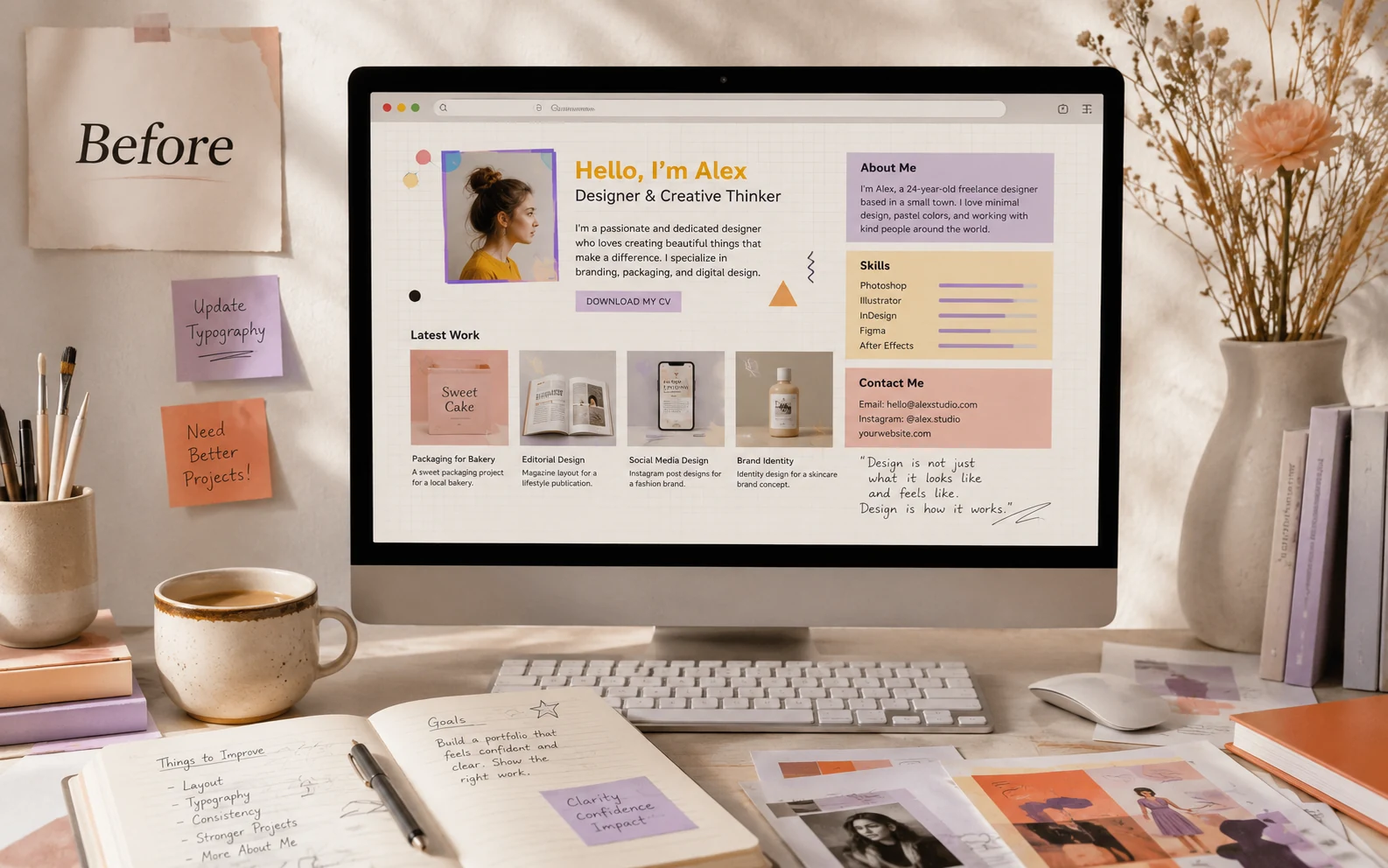 Early creative portfolio displayed on a warm editorial workspace before a professional portfolio redesign
