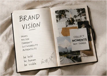 Open creative notebook filled with ideas, photographs and handwritten planning notes