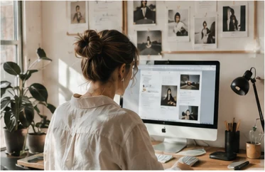 Designer sketching ideas at a desk surrounded by visual references