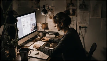 Designer working at a screen in a focused evening studio