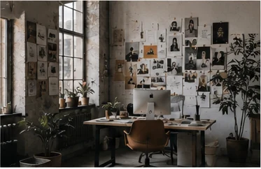 Atmospheric creative loft studio with a large reference wall